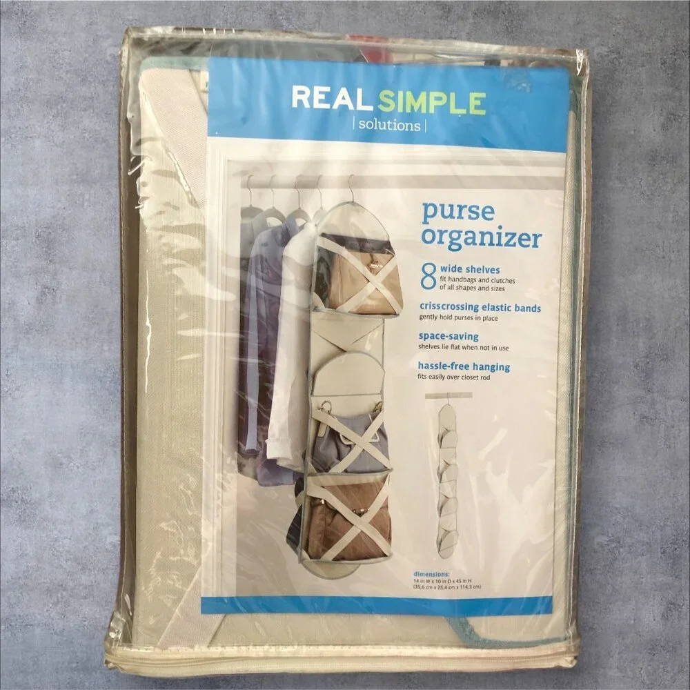 Real Simple Hanging Purse Organizer 8 Wide Shelves Crisscross Elastic Bands New